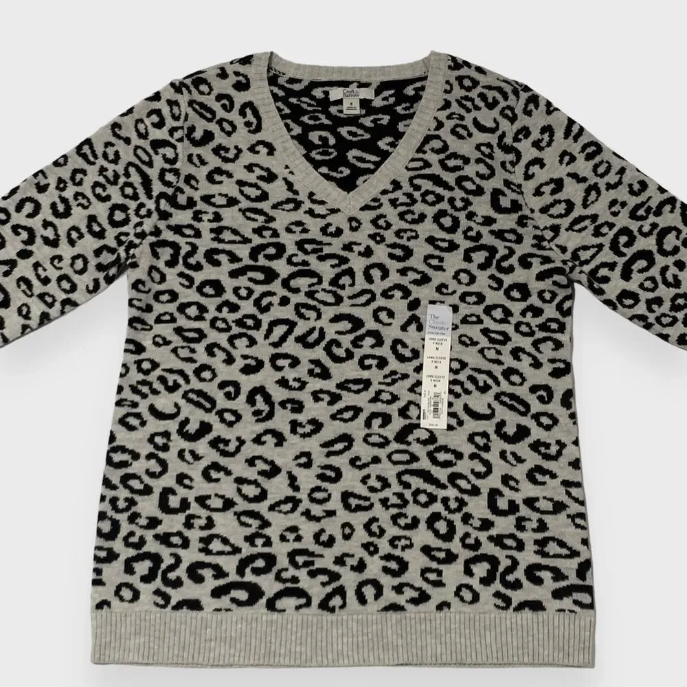Croft & Barrow Leopard Print Sweater Gray Size Medium Womens Animal Print V-Neck - Picture 3 of 12